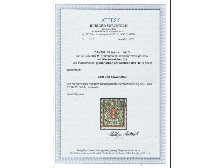 1922, Staatswappen 100 M. mit Wasserzeichen 2Y und Plattenfehler „grüner Strich am Anstrich des N“ (Feld 9) und mit zeitgerec