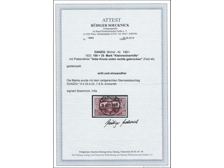 1923, Kleinrentnerhilfe 50 M. mit Plattenfehler „linke Krone rechts unten gebrochen“ (Feld 46) und zeitgerechter Entwertung „