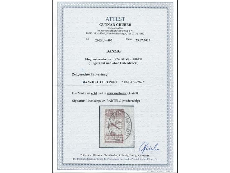 1924, Flugpost 2 ½ G. ungezähnt und ohne Unterdruck, mit Flugpoststempel „DANZIG LUFTPOST 18.1.37“ auf Briefstück, tadellos, 