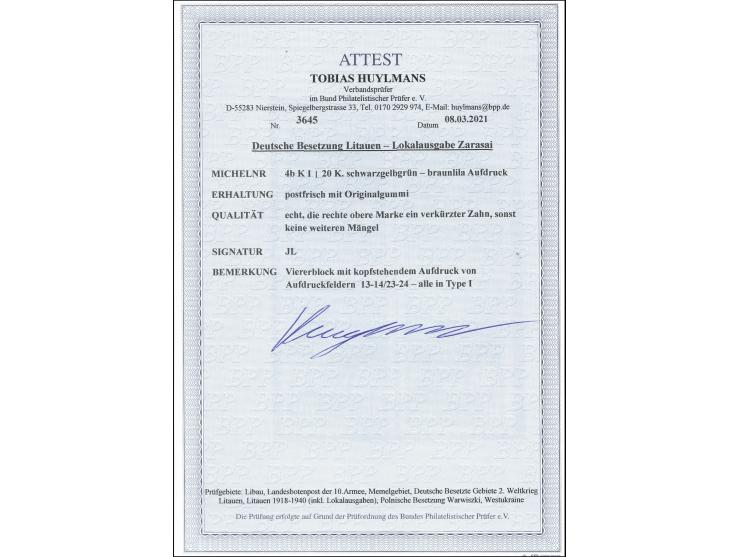 20K. im Viererblock mit kopfstehenden braunroten Aufdruck in Type I, Felder 13-14/23-24, postfrisch, die rechte obere Marke e