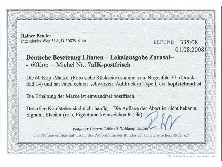 60K. mit kopfstehende, schwarzen Aufdruck in Type I, Feld 14, postfrisch, tadellos, u.a. sign. Ekeiler sowie Befund Bender BP