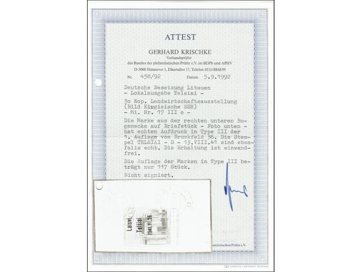 Kirgisische SSR 30 K. aus der rechten unteren Bogenecke, ​sauber mit Stempel "TELSIAI 13.VIII.41" auf Briefstück, Auflage nur