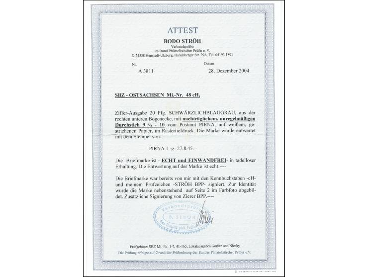 Pirna mit Durchstich L 9 ¾ -10: 20 Pfg. schwärzlichblaugrau aus der rechten unteren Bogenecke, sauber gestempelt, tadellos, s