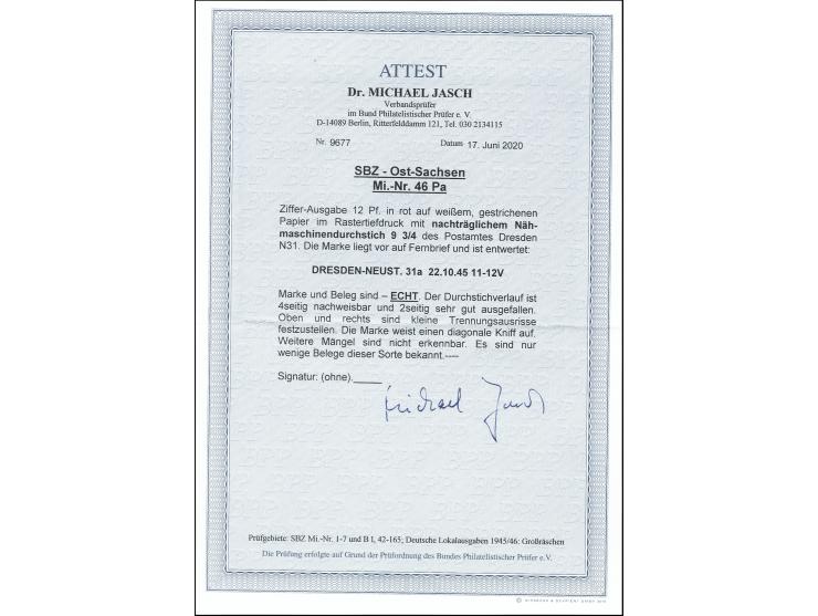 Dresden mit Durchstich L 9 ¾: 12 Pfg. rot mit Stempel „DRESDEN-NEUST.31 22.10.45“ auf Brief nach Dresden-Blasewitz, Marke mit