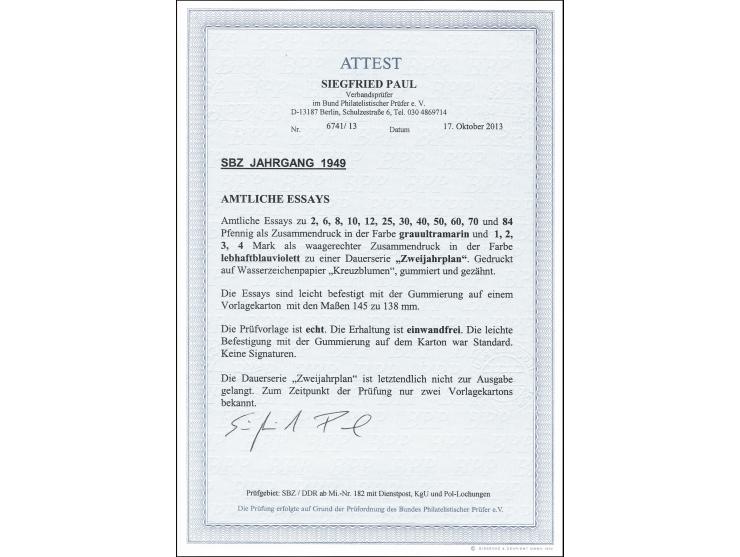 1949, Essays zur geplanten Freimarkenausgabe „Zweijahrplan“ 2, 6, 8, 10, 12, 25, 30, 40, 50, 60, 70 und 84 Pfg. in der Farbe 