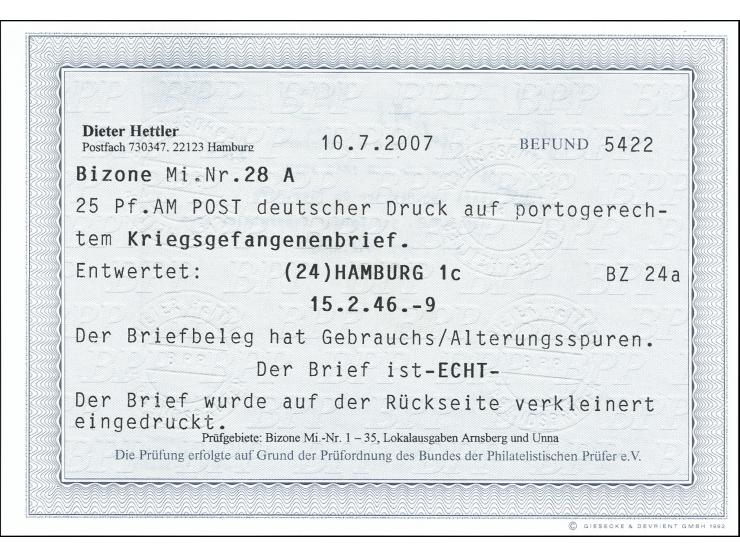 AM Post 25 Pfg. gez. L 11 mit Maschinenstempel „HAMBURG 15.2.46“ als portogerechte Einzelfrankatur auf KGF-Brief in ein ameri