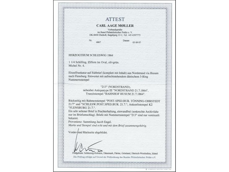 1¼ Schilling grün mit Nummer "213" und sauber nebengesetztem "NORDSTRAND 21/7 1864" sowie "BAHNHOF HUSUM 21/7 1864" auf kompl