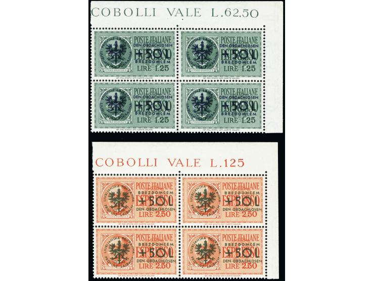 1944, Für die Obdachlosen Eilboten-Marken 1,25 L. und 2,50 L., einheitlich in Viererblocks aus der rechten oberen Bogenecke, 