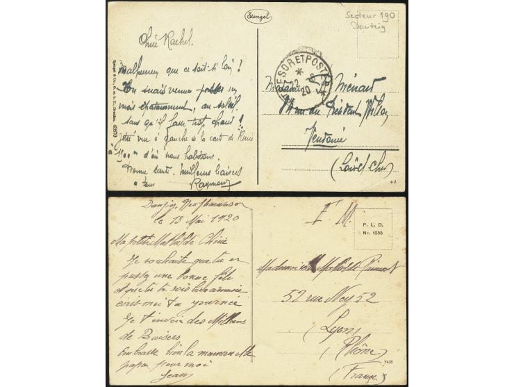 1920, „TRESOR ET POSTES 22.6.“ klar auf Ansichtskarte von Danzig-Brösen mit Text nach Frankreich, dazu zweite Ansichtskarte (