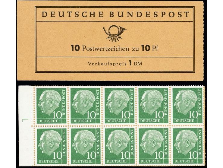 1960, Heuss I, fluoreszierendes Papier, kpl. Heftchenblatt (Erstauflage), im Rand mit liegendem "L" oberhalb der Mittelperfor