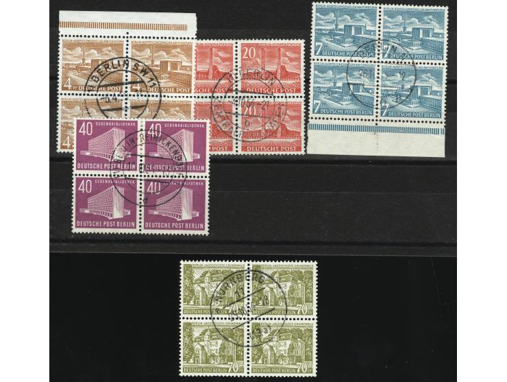 1953/54, Bauten Ergänzungswerte 4 und 20 Pfg. sowie 7-70 Pfg. je im Viererblock, sauber gestempelt, ein Wert 20 Pfg. mit Eckz