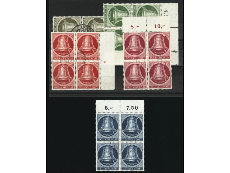 1951, Glocke 5-40 Pfg. im Viererblock-Satz, zum Teil mit Rändern, gestempelt, ein Wert 40 Pfg. mit Tintenflecken und Ränder z
