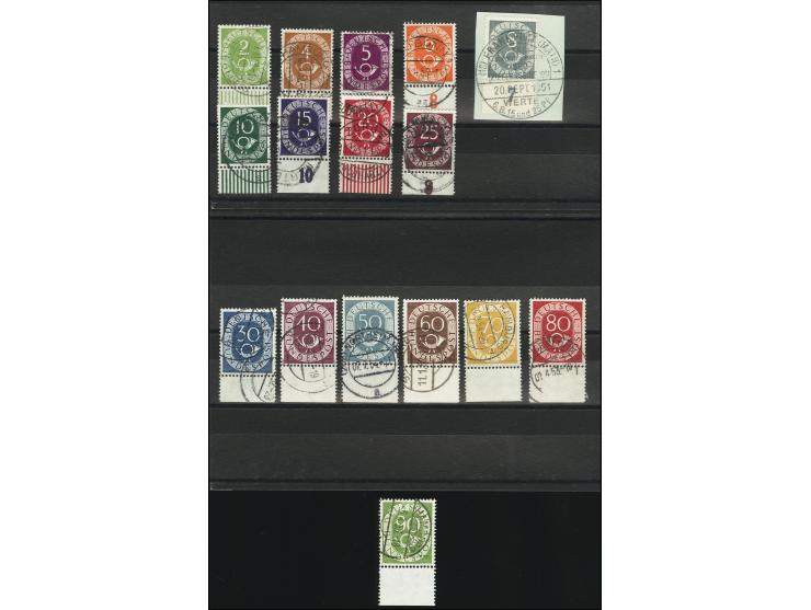 1951, Posthorn 2-90 Pfg. kpl. Unterrand-Satz, meist sauber mit Tagesstempel entwertet, 8 Pfg. mit ESST auf Briefstück, normal