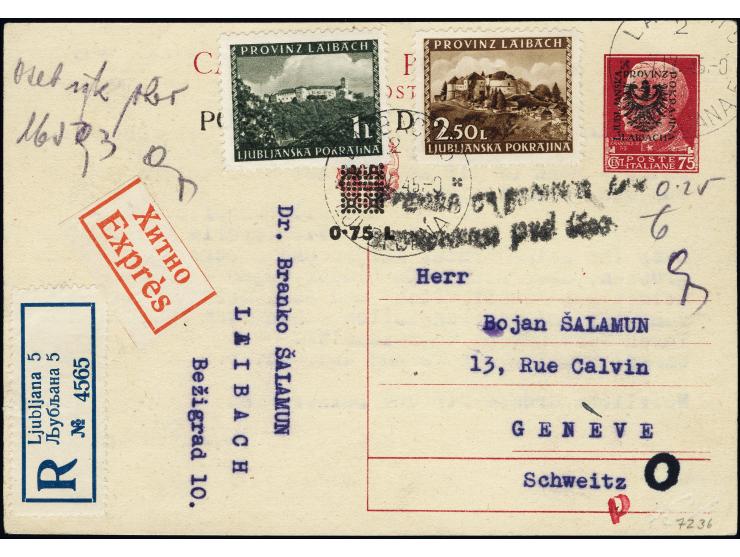 1944, Ganzsachenkarte 75 C. mit Zufrankatur Ansichten aus Slowenien 1 und 2.5L. mit Stempel "LAIBACH 5 -7.4.45" als eingeschr