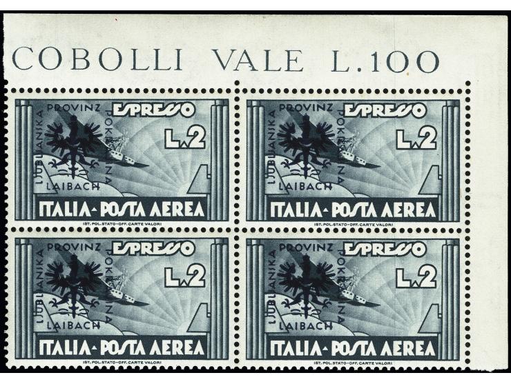 1944, Flugpost 25C. - 10L., einheitlich in Viererblocks aus der rechten oberen Bogenecke, postfrisch, tadellos, Fotoattest Br