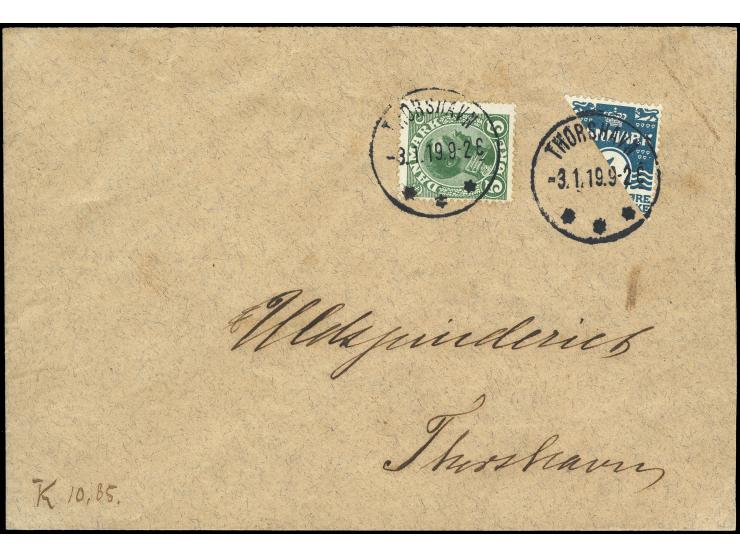 4 øre bisect and 5 øre tied by first day cancel "THORSHAVN 2.1.19" to local cover (opened on 2 sides), very fine and rare; ju