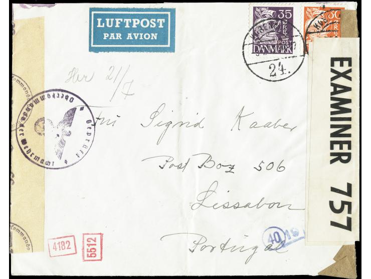 1942, 9.7., airmail cover from Copenhagen to PO Box 506 in Lisbon operated by Thomas Cook & Son with German censor label and 