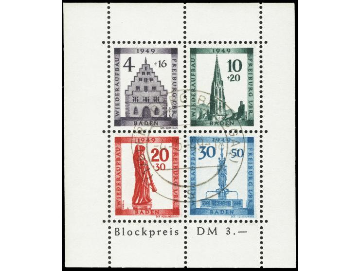 Freiburg-Block gezähnt mit Plattenfehler "Sirene neben Sockel des Engels" (20 Pfg.-Wert), sauber gestempelt, tadellos, sign. 