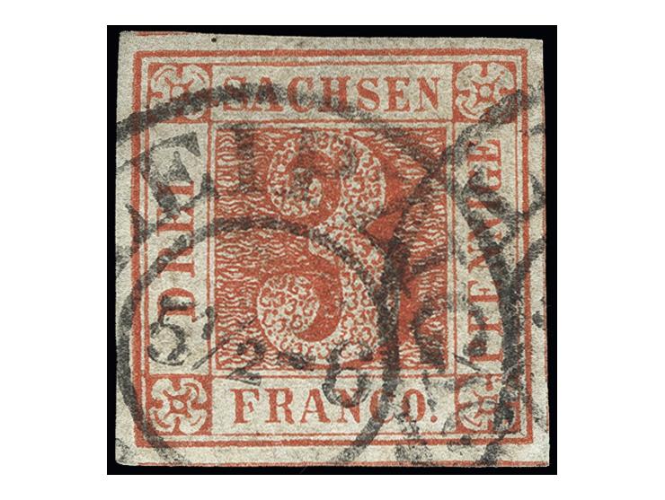 3 Pfg. rot, Platte VI, Type 6, sehr schön farbfrisch und allseits breitrandig mit Teilen von 3 Zwischenlinien, daran sächsisc
