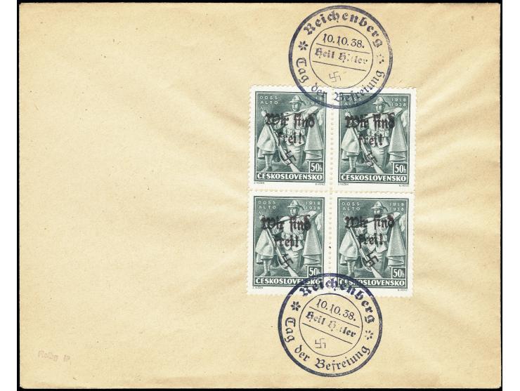 Doss Alto 50 H. im Viererblock mit zwei Sonderstempeln auf Blanko-Umschlag, tadellos, Fotoattest Brunel (2020)