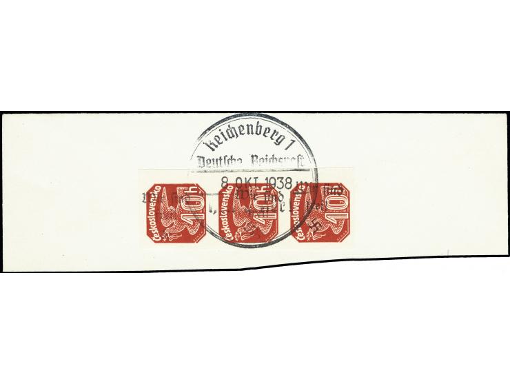 Zeitungsmarke 10H. im senkrechten Dreierstreifen mit senkrechtem Aufdruck, sauber mit Sonderstempel auf Briefstück, nach 80 J