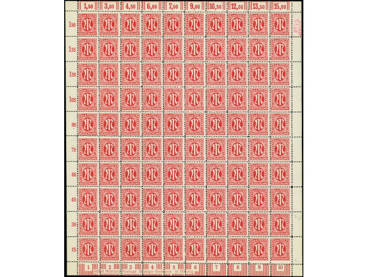 15 Pfg. gez. L 11 ½ : 11, kpl. Bogen mit roter vierstelliger Bogenzähnummer „7329“ neben Feld 10 und mit Rotstift handschrift