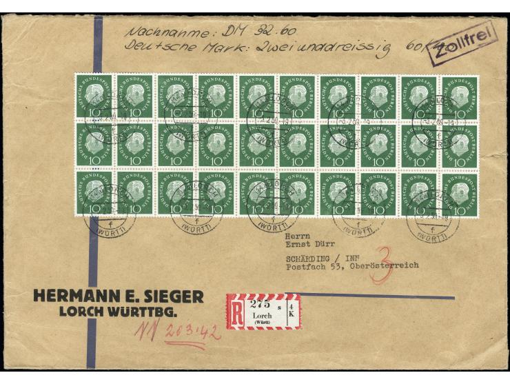 1959, Heuss Medaillon 10 Pfg. im waagerechten 30er-Bogenteil als portogerechte Mehrfachfrankatur auf großformatigem R-Nachnah