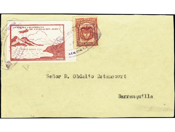 1920, 10 c. brown-red with large margins together with definitive 1919, 3 c. carmine, tied by violet handstamp "Cia, Colombia