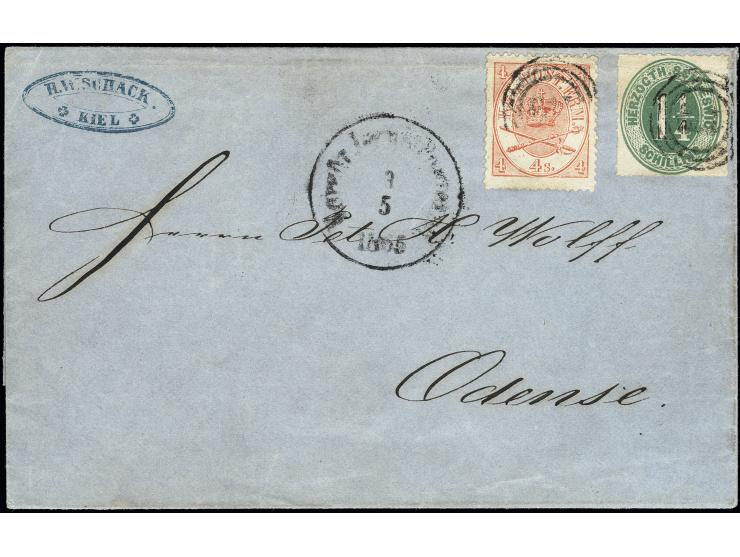 1¼ Schilling grün in Mischfrankatur mit Dänemark 1864, 4 Skilling rot, beide mit Nummer "179" und nebengesetztem Aufgabestemp