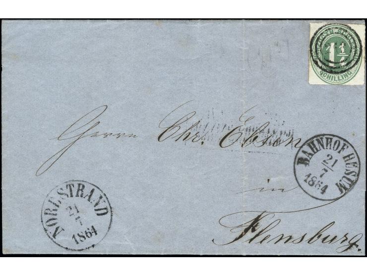 1¼ Schilling grün mit Nummer "213" und sauber nebengesetztem "NORDSTRAND 21/7 1864" sowie "BAHNHOF HUSUM 21/7 1864" auf kompl