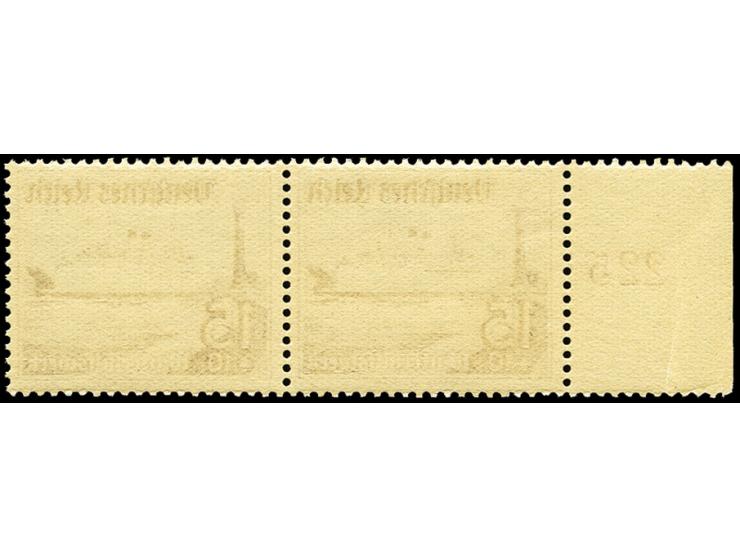 1937, Schiffe 15 Pfg. im waagerechten Randpaar, linke Marke mit Plattenfehler „Leutturm-Wetterfahne mit Peilstab“ (Feld 11), 