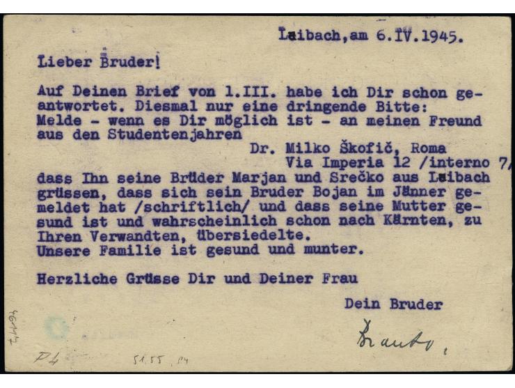 1944, Ganzsachenkarte 75 C. mit Zufrankatur Ansichten aus Slowenien 1 und 2.5L. mit Stempel "LAIBACH 5 -7.4.45" als eingeschr