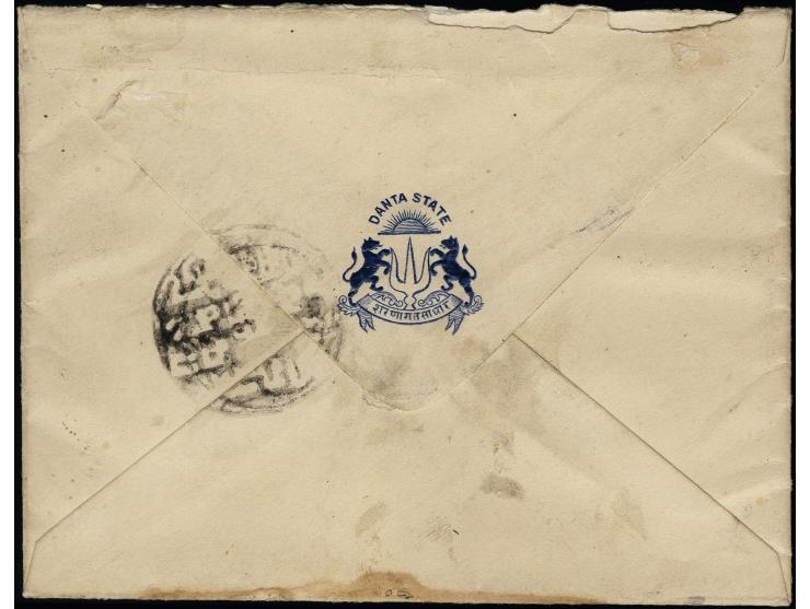 1 anna scarlet, tied by cds. of 14.9.1904 to double rate cover with reverse side coat of arms "DANTA STATE"