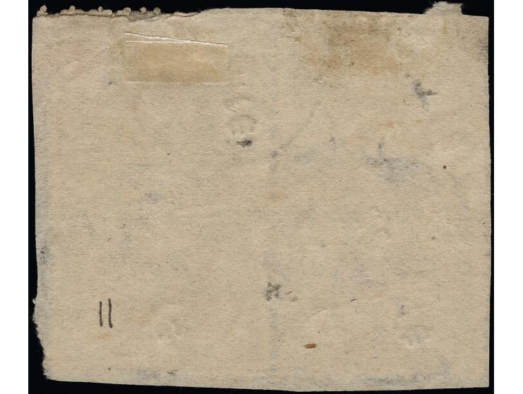 ½ anna pale ultramarine in block of 4, both vertical pairs imperforated between, tied by cds. to small piece, slightly irregu