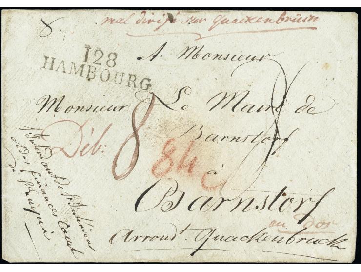 "DÉB.130/QUACKENBRUCK", L2 in rot klar rückseitig auf Briefkuvert von "128/HAMBOURG" nach Barnstorf mit handschriftlichem "ma