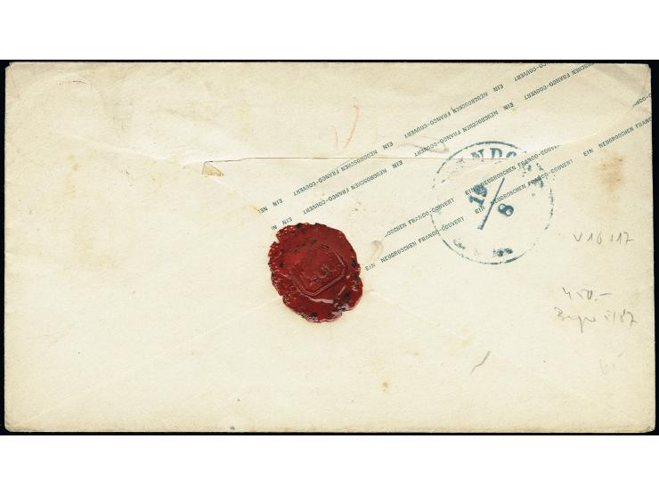 "218" zweimal sauber abgeschlagen auf 2 Neugroschen dunkelviolettultramarin auf Ganzsachenumschlag 1 Neugroschen rosa mit neb