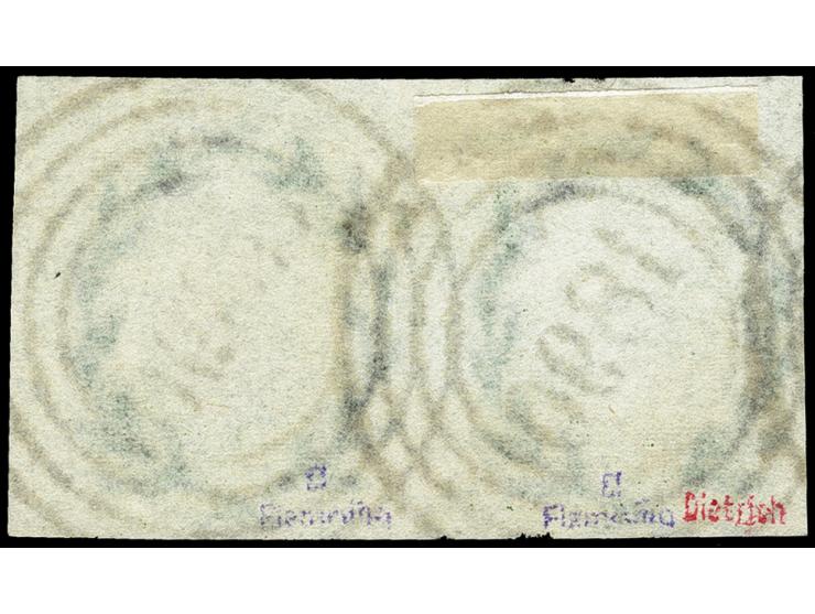 1856, 4 Pfg. dunkelgrünoliv im waagerechten Paar, allseits voll- bis breitrandig mit zwei klaren Nummernstempeln „1890“ (Podg