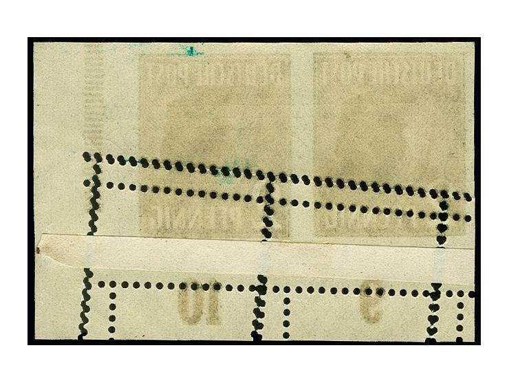 Bandaufdruck: 2 Pfg. im waagerechten Paar aus der rechten unteren Bogenecke mit Abart "nur unten gezähnt" und starke Verzähnu