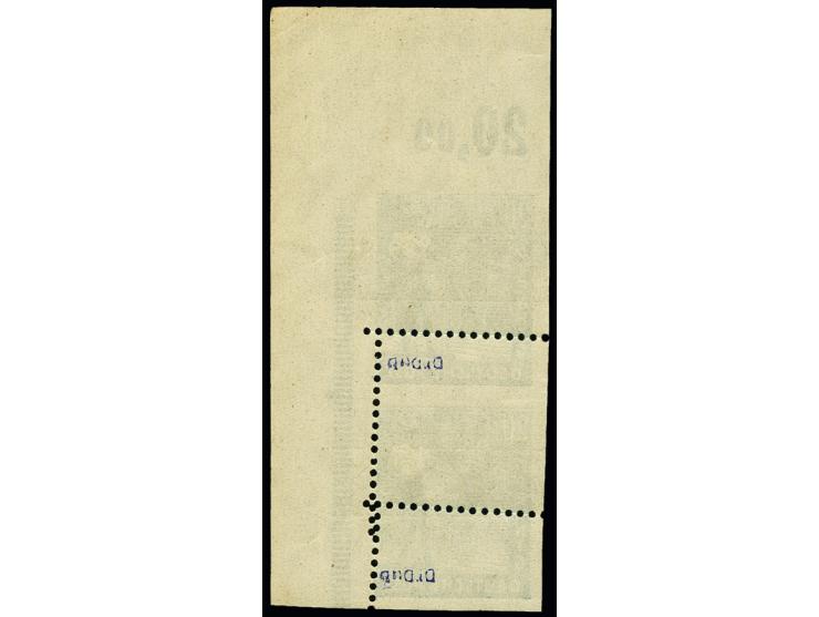 20 Pfg. im senkrechten Paar aus der rechten oberen Bogenecke, durch nach unten verschobener Zähnung oben ungezähnt, postfrisc