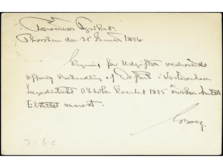 1874, official postcard 3 øre grey with lapidar cancel "THORSHAVN 11/2" (1896) with commercial text to Vestmanhavn, very fine