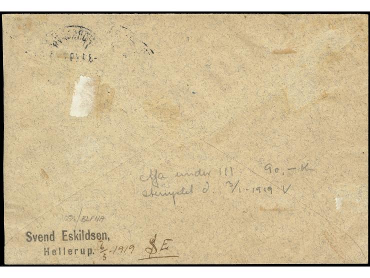 4 øre bisect and 5 øre tied by first day cancel "THORSHAVN 2.1.19" to local cover (opened on 2 sides), very fine and rare; ju