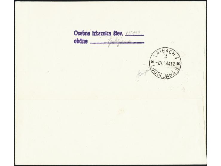 1944, Winterhilfe 25 C.-5 L. kpl. mit Stempel "LAIBACH 3 7.VII.44" auf philatelistischem, nicht gelaufenem R-Brief, Fotoattes