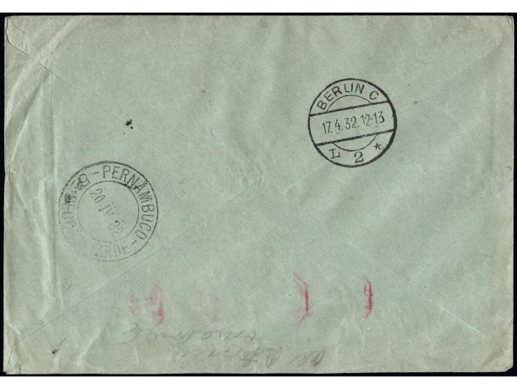 1932, 3. SAF mit Anschlussflug ab Berlin nach Recife, R-Brief mit Postfreistempel 180 Pfg. von „OSNABRÜCK 16.4.32“, Umschlag 