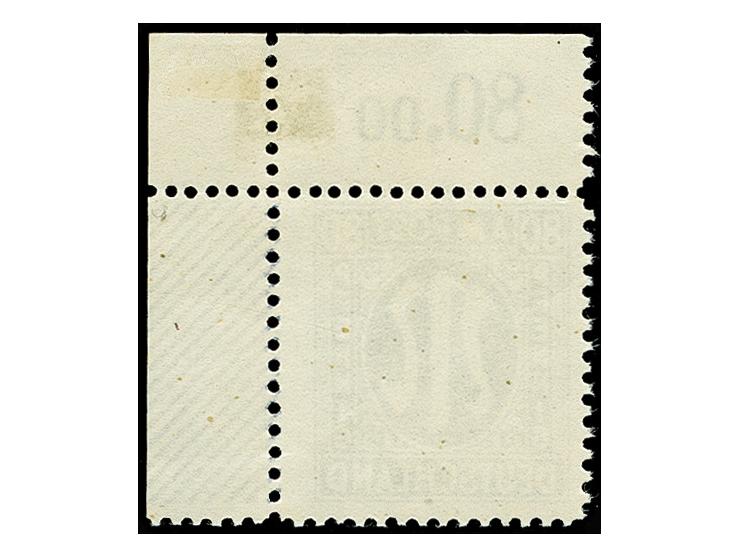 80 Pfg. schwarzblau, gez. L11 1/2:11 aus der rechten oberen Bogenecke ohne Bogenzählnummer, postfrisch mit Falzresten im Ober