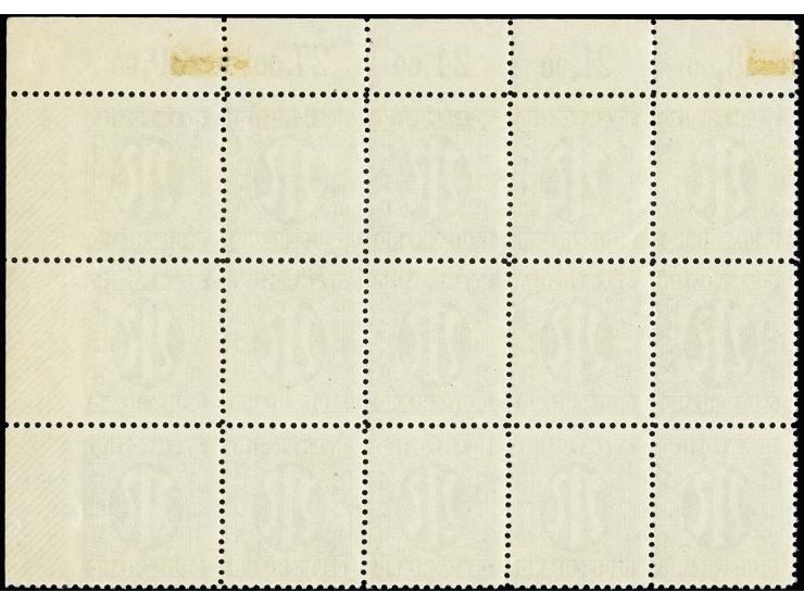 30 Pfg. olivgrün, gez. L11: 11 1/2 im waagerechten 15er-Block aus der rechten oberen Bogenecke, die drei rechten Marken mit A