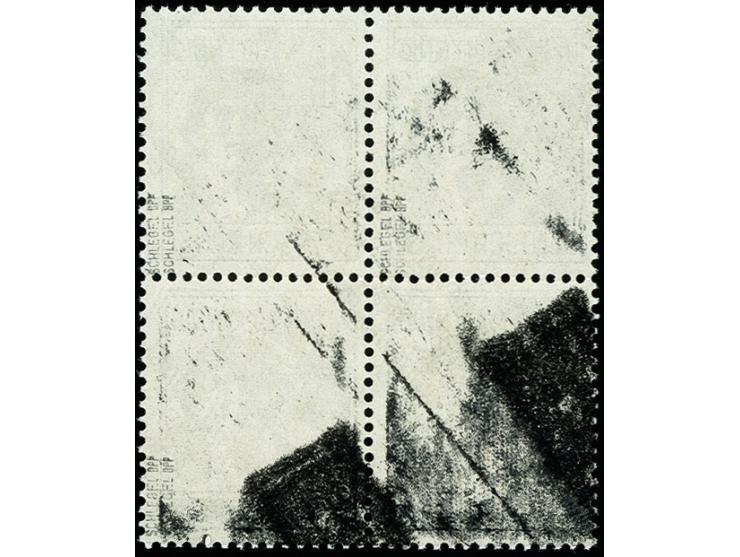 12 Pfg. mit doppeltem, diagonalen Aufdruck im Viererblock, postfrisch mit rückseitig zum Teil großflächiger Aufdruckfarbe, ta