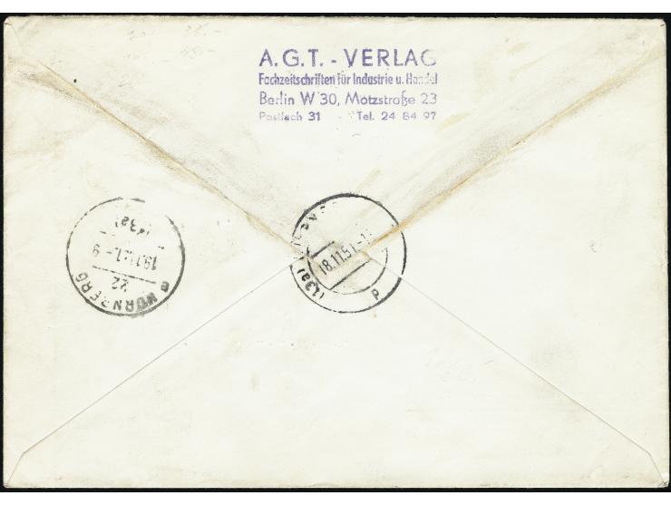 1951, Glocke 20 Pfg. im Viererblock mit Stempel „BERLIN W30 17.11.51“ als portogerechte Mehrfachfrankatur auf R-Brief der 2. 