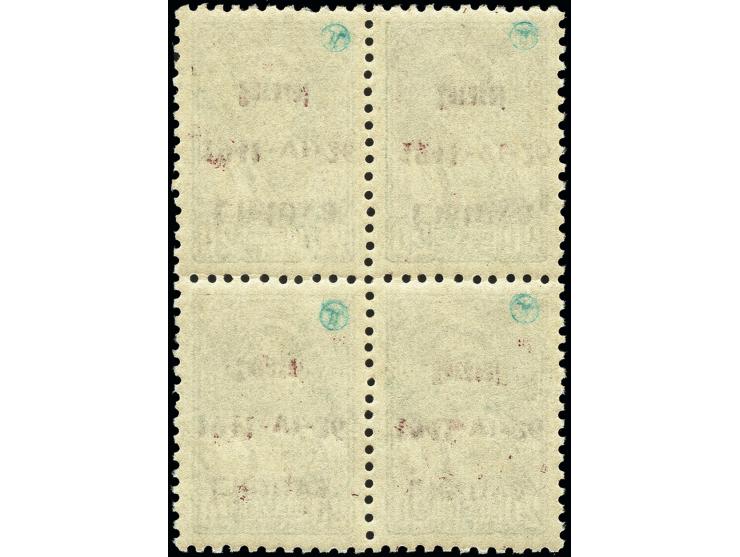 20K. im Viererblock mit kopfstehenden braunroten Aufdruck in Type I, Felder 13-14/23-24, postfrisch, die rechte obere Marke e