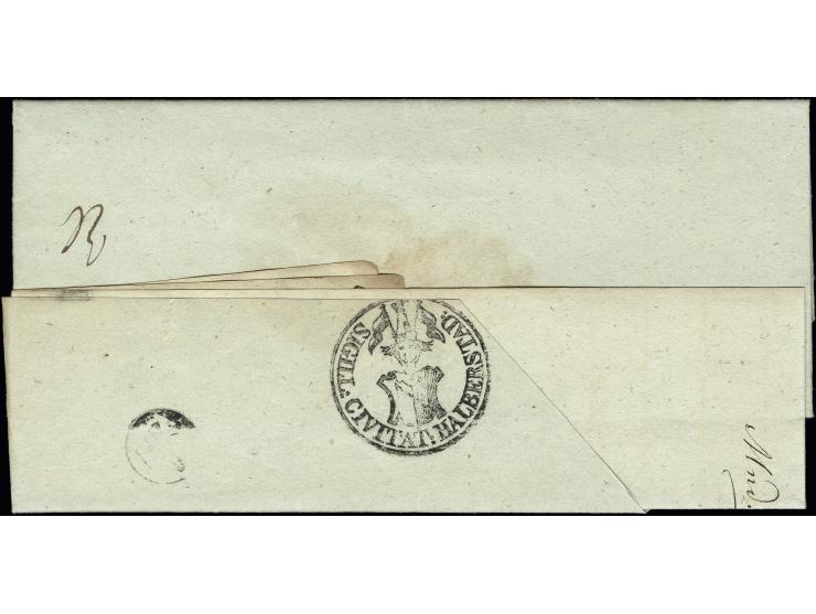 DIVERSES: "GESUNDHEITS-BESCHEINIGUNG / MAGISTRAT ZU HALBERSTADT", Quarantänesiegel glasklar vorderseitig auf kpl. Faltbrief n