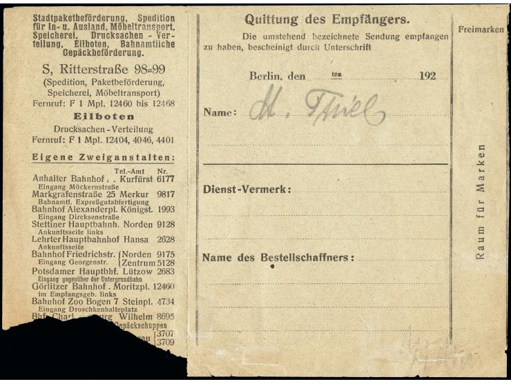 Berlin-Packetfahrt: 1923, M 1000,- auf 50 Pfg. rot mit Stempel „PAKET-FAHRT F.B. 19.JUN.29“ auf Paket-Begleitschein mit allen
